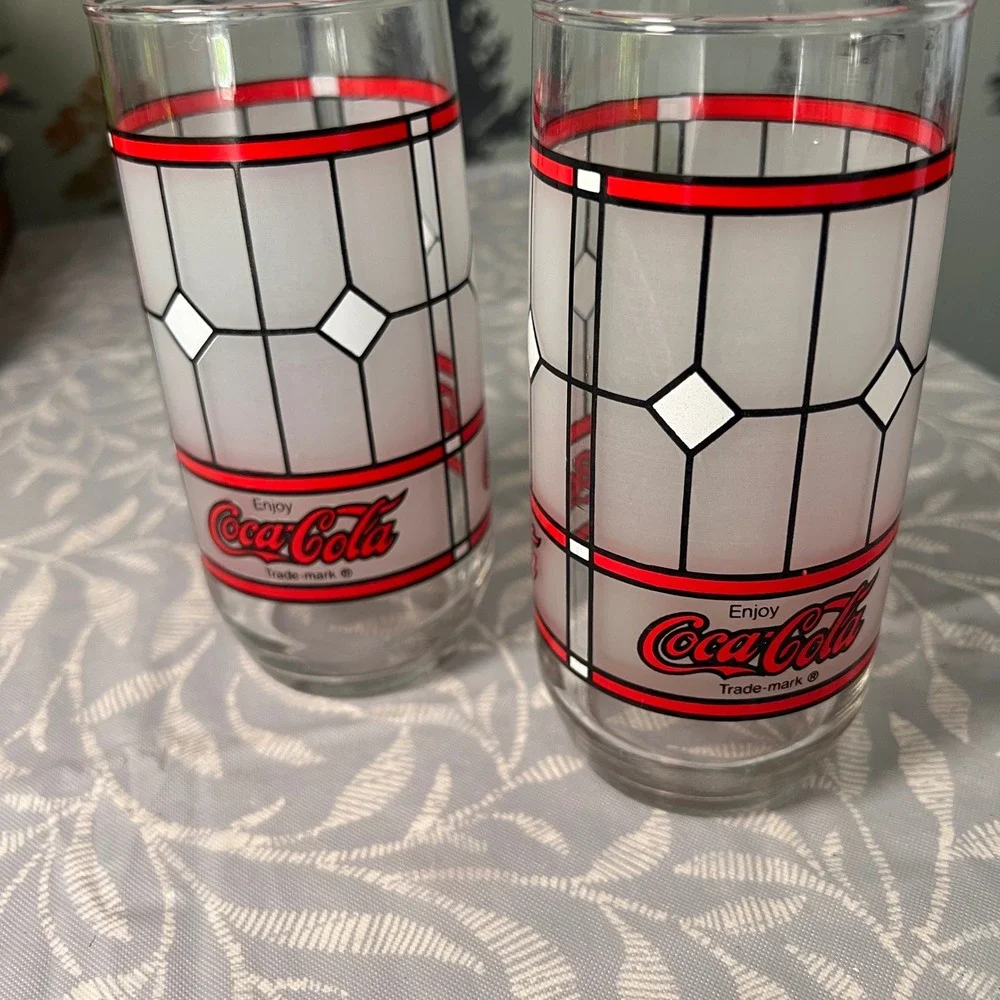 Vtg Coca-Cola Stained Glass Style Drinking Glasses Set of 2 Frosted Red White